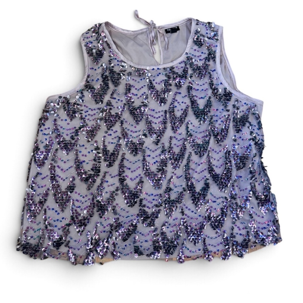 Torrid Purple Sequin Chevron Sleeveless Blouse Tie Back Mesh Overlay Top 0 14/16